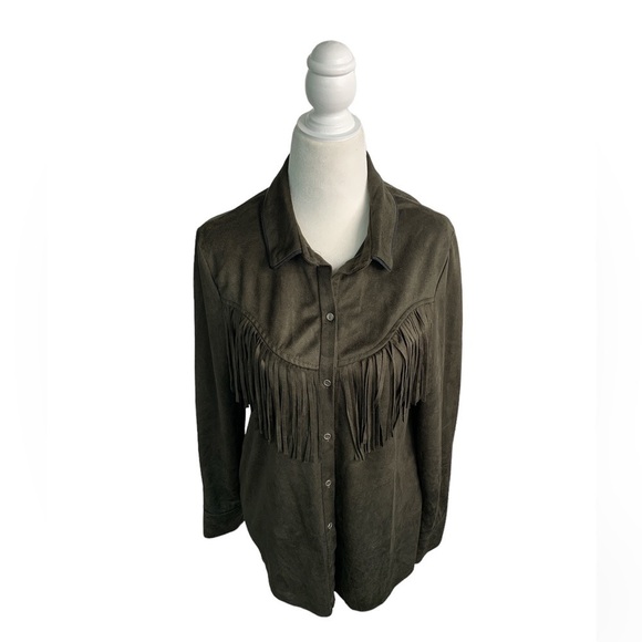 Zara Faux Suede Green Fringe Button Down Lightweight Jacket Shirt sz XS - Picture 4 of 9